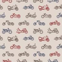 Seamless pattern with motorcycles of different models drawn with colorful contour lines on light background - chopper, bobber, sport and motocross bikes. illustration in creative lineart style. vector