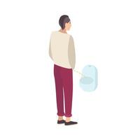 Young guy standing and peeing into urinal isolated on white background. Male flat cartoon character urinating in men's toilet, lavatory, loo, restroom or WC. Modern colorful illustration. vector