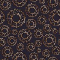 Abstract seamless pattern with geometric shapes of various size drawn with golden contour lines on black background. Geometrical backdrop. illustration for wrapping paper, textile print. vector