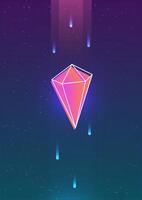 Futuristic vertical backdrop with neon colored falling gem or geometric figure and its outline against beautiful sky with stars on background. Colorful illustration in creative hipster style vector