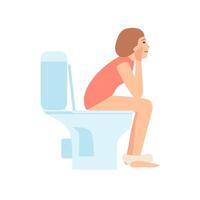 Thoughtful young woman or girl sitting on toilet and pooping isolated on white background. Female flat cartoon character spending time in WC, restroom or lavatory. Colorful illustration. vector