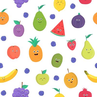 Colorful seamless pattern with funny ripe fresh tropical fruits and berries with happy smiling faces on white background. Flat cartoon illustration for fabric print, wrapping paper, wallpaper.