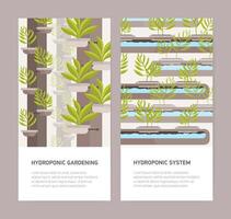 Bundle of vertical banners with plants growing in pots with mineral solution and place for text. Hydroponic gardening systems advertisement or promotion. Colorful illustration in flat style. vector