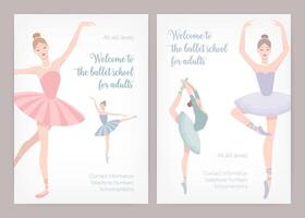 Bundle of poster or flyer templates for ballet school or studio for adults with elegant dancing ballerinas wearing tutu and place for text on white background. illustration for advertisement. vector