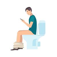 Young man sitting on toilet, holding smartphone and surfing internet while pooping isolated on white background. Male cartoon character spending time in WC, restroom or lavatory. illustration. vector
