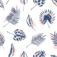 Tropical seamless pattern with palm tree, monstera and banana leaves drawn with contour lines against pink stains on white background. Backdrop with foliage of jungle plants. illustration. vector