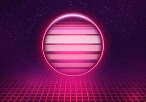 Abstract futuristic background with neon round frame on dark background with geometric grid. vector