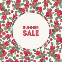 Summer Sale inscription inside round frame surrounded by red lingonberries. Decorative circular border with berries and place for text. Colorful illustration for advertisement, promotion. vector