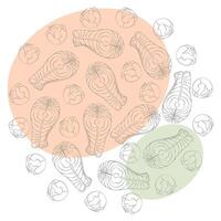 Outline Salmon steak and brussels sprout heads. Circle Frame Border on colorful spots background. Isolated illustration Healthy Eating Day backdrop, web promo or cards, tags, label or backdrop vector