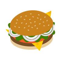 Hamburger with chees, meat, salad, slice tomato and onion. Fast Food or Hamburger Day design element. Isolated illustration Stickers, icons or cards, poster, leaflets, label, tags, media posts vector