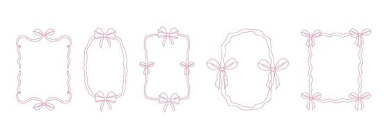 Coquette pink frame ribbon lace bow, pink wavy border y2k retro set. Aesthetic feminine decor. Ruffled ribbon. Doodle hand drawn. vector