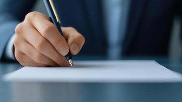 A poised hand holding a pen, ready to write on a blank sheet of paper, suggests focus, creativity, and professionalism. photo