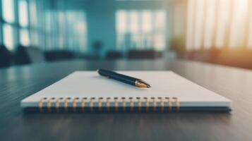 A close-up of an open notebook on a table with a pen resting on it, set in a well-lit room. photo