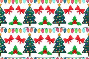 Seamless Christmas tree pattern with ornaments, bows, holly, and colorful string lights. Perfect for holiday-themed designs and backgrounds. vector