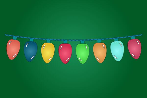 Colorful string lights illustration on a green background, perfect for Christmas and New Years holiday decoration designs.