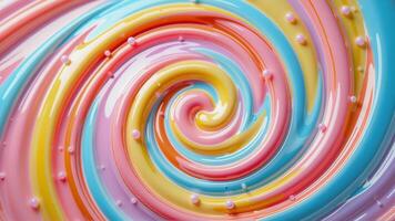 Close-up colorful sweet candy smooth swirl abstract background in pastel colors of pink, blue, yellow. Glossy swirling cream texture and small sugar pearls. Colorful lollipop swirl with a shiny finish photo