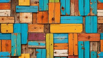 Rustic wooden mosaic composed of various weathered painted pieces of wood with natural grain texture. Cracked and distressed wooden planks with wood grain and knots, with different colors and textures photo