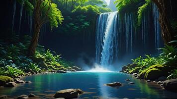 Beautiful tropical waterfall in jungles paradise with turquoise blue pond. Amazing beautiful nature of deep tropical rainforest. Perfect landscape background for relaxing, vacation, travel concept photo