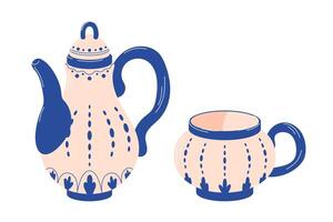 Pottery and porcelain small set in flat style. Ceramic teapot and cup in blue and beige for your interior design. Illustration isolated on white background. vector
