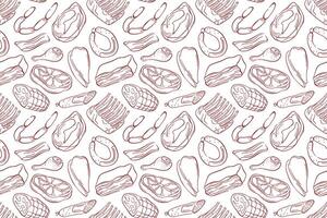 Seamless meat pattern with various cuts and types in line art style. Perfect for butcher shop design, culinary project or background in food related illustration. vector