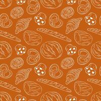 Seamless pattern with bakery food baguette, croissant, muffin, pretzel and round loaf Perfect for food packaging, branding and culinary themed design. vector