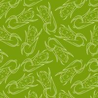 Seamless corn pattern in line art style with a green background. Illustration of corn on the cob with husks, ideal for food related design, background or packaging. vector