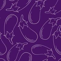 Seamless eggplant pattern in line art style with a deep purple background. Illustration of eggplants ideal for food related design, background or kitchen decor. vector
