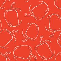 Pepper seamless pattern in line art style on red background. Perfect design for farm market product, package, menu, wallpaper. vector