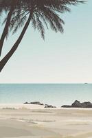 Seascape with silhouette palm trees at the cliff have blue sky vertical background graphic illustration. vector