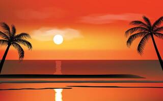 Silhouette sunset beach scene with palm trees background vector