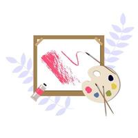 tablet with paper, brushes, paint in tubes and palet. Painter equipment. Great element for your design. Workplace, set of tools, hobby concept. vector