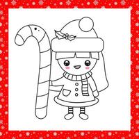 Christmas coloring book page with cute little girl in Santa costume and a candy cane vector