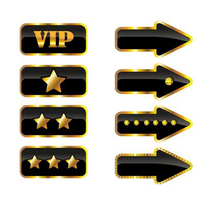 vip arrows banner, sticker with gems on black and gold background. Premium quality. Symbol of customer satisfaction review service, best quality ranking icon