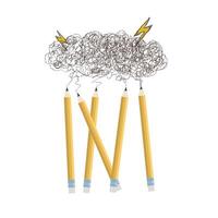 graphite pencils draws sketsh with abstract cloud. Yellow and grey. Hand drawn sketch. Painter tools. School equipment. Concept idea and creative, creation something new. vector