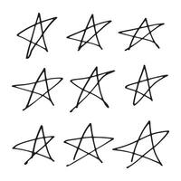 A diverse set of black star scribble doodle illustrations featuring different styles and designs on a white background, perfect for creative projects. vector