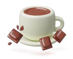 Hot chocolate cup or cocoa drink 3d render with blocks of dark chocolate vector