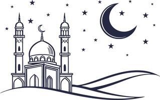 A simple line drawing of a mosque with two minarets and a dome, set against a background of a crescent moon, stars, and rolling hills. vector