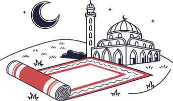 A simple line drawing depicting a mosque, a crescent moon in the night sky, and a rolledup prayer mat on a grassy hill. vector