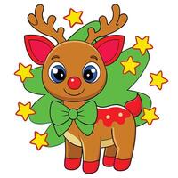 A cartoon reindeer with big eyes, a red nose, and a green bow is standing in front of a green Christmas tree with yellow stars. vector