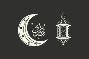 A white crescent moon with Arabic calligraphy and stars next to a white hanging lantern on a black background. vector