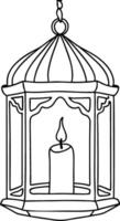A line drawing of an ornate hanging lantern with a single lit candle inside. The lantern has a domed top and intricate details around the frame. vector
