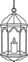A black and white illustration of an ornate hanging lantern with a candle inside. The lantern has a domed top with a chain attached to the ceiling and intricate designs on the sides. vector
