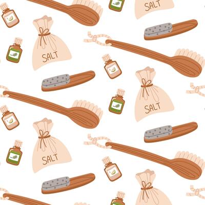 A pattern for self-care. Washcloth with handles, pumice stone, essential oils, salt. Personal hygiene product. flat illustration, in white, texture for advertising, store catalog, decorative