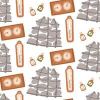 Steam bath pattern, stones in the grate, essential oils, thermometer, hygrometer in white color. Items to maintain relaxation in steam room, spa, sauna. Texture is colored by their recreation items vector