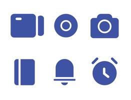 Six blue icons against a white background camera, circle with white dot, camera, rectangle, bell, clock with hand. vector