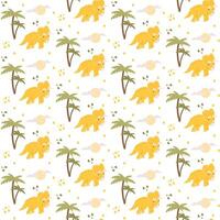 Seamless pattern with cute dino, dinosaur Triceratops and palm tree, sun, clouds and stones, abstract children background vector