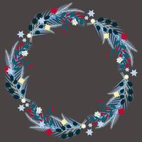 Christmas wreath with fir tree branch, berries and stars on dark background vector
