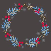 Christmas wreath with branches, berries and snowflakes on dark background vector
