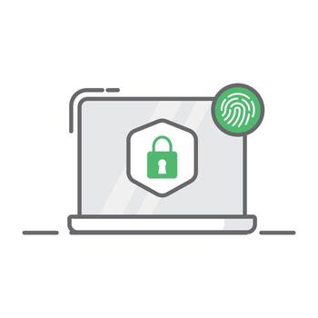 Cyber crime security, data secured by fingerprint, linear icon isolated white background, vector