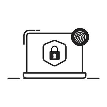 Cyber crime security, data secured by fingerprint, black and white linear icon isolated white background, vector